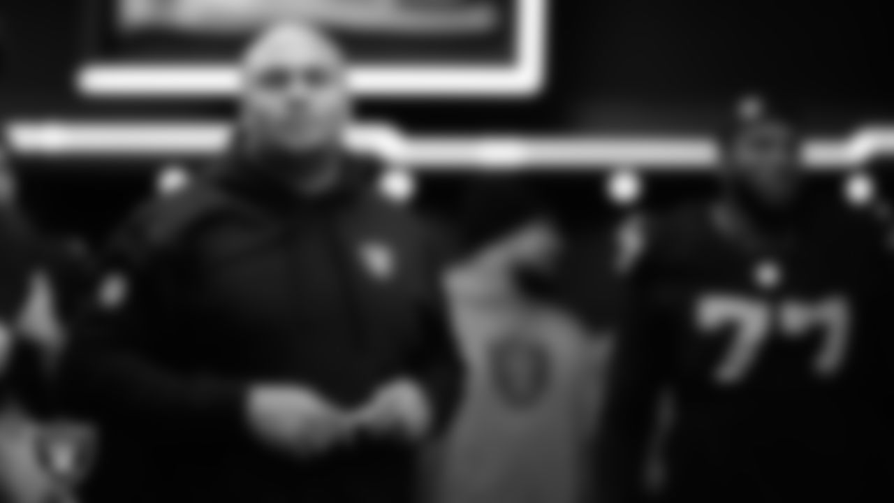 Las Vegas Raiders Interim Head Coach Antonio Pierce in the locker room after the regular season home game against the New York Jets at Allegiant Stadium.
