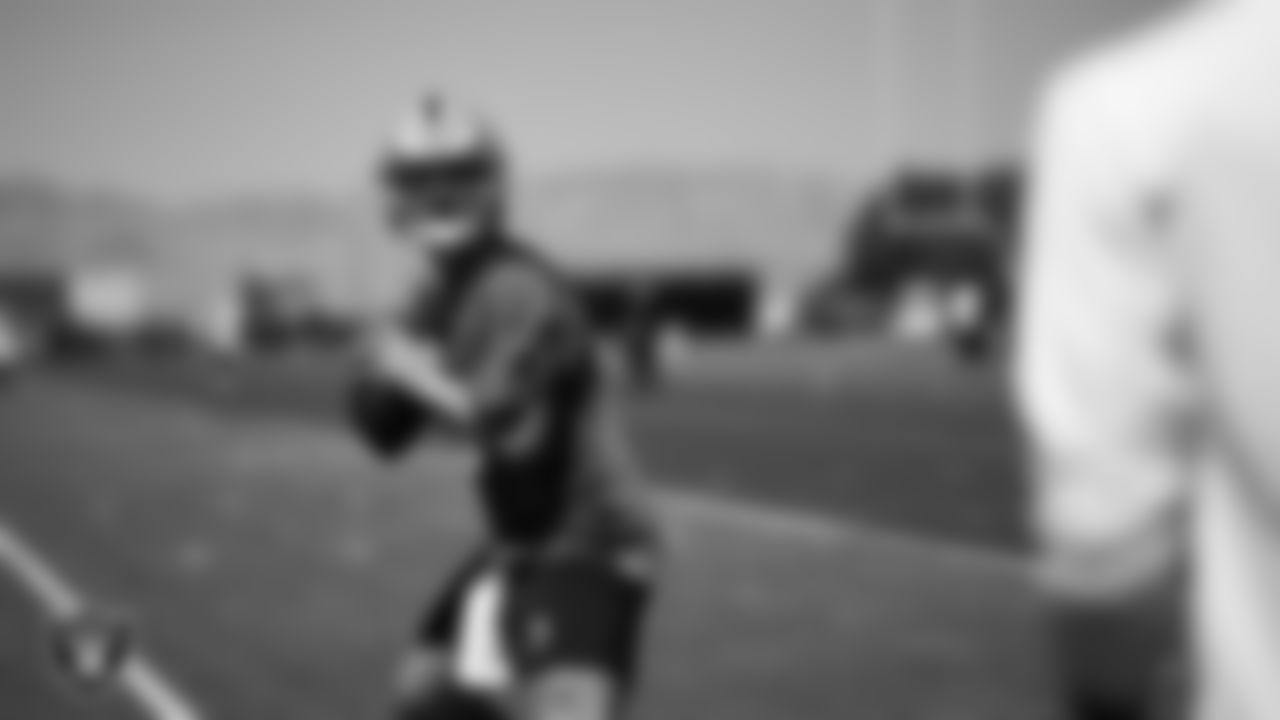 Las Vegas Raiders quarterback Cam Miller (5) at day one of 2025 Rookie Minicamp at Intermountain Health Performance Center.