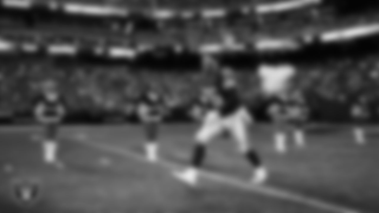 Las Vegas Raiders guard Caleb Rogers (76) is introduced onto the field before the regular season home game against the New York Giants at Allegiant Stadium.