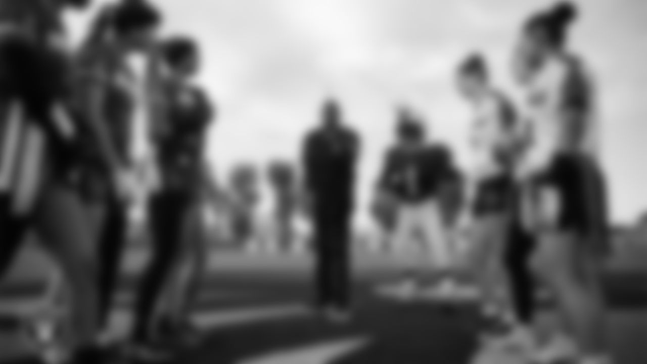 Las Vegas Raiders alumnus Reggie Kinlaw during the coin toss before the Las Vegas Raiders' High School Flag Football Showcase game between Mater East Academy and Las Vegas High School at Mater East Academy.