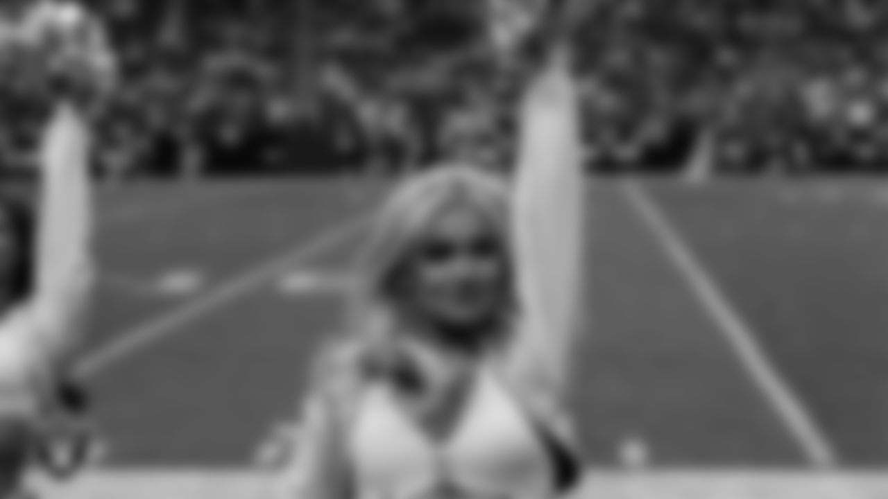 Raiderette Pip on the sidelines during the regular season home game against the Kansas City Chiefs at Allegiant Stadium.