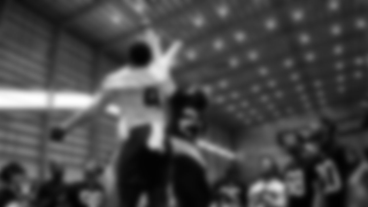 Las Vegas Raiders wide receiver Shedrick Jackson (4) and safety Tristin McCollum (27) during practice at Intermountain Health Performance Center.