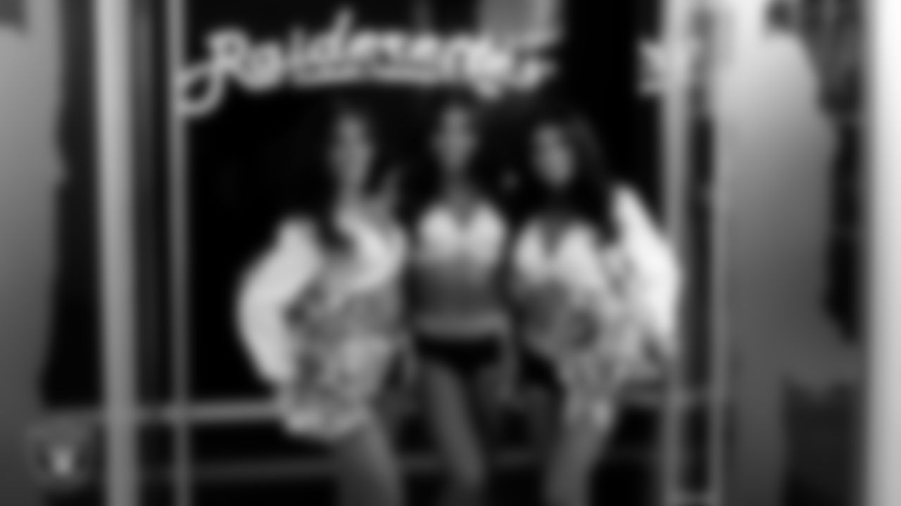 Raiderettes Amanda, Maddie and Kylee in the locker room before the regular season home game against the Los Angeles Chargers at Allegiant Stadium.