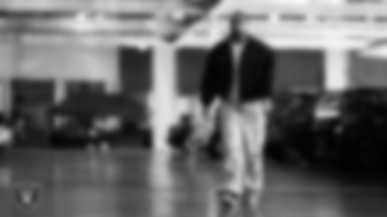 Las Vegas Raiders defensive tackle Jonah Laulu (96) arrives to the regular season home game against the New York Giants at Allegiant Stadium.