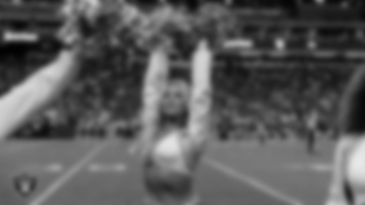 Raiderette Devyn on the sidelines during the regular season home game against the Jacksonville Jaguars at Allegiant Stadium.
