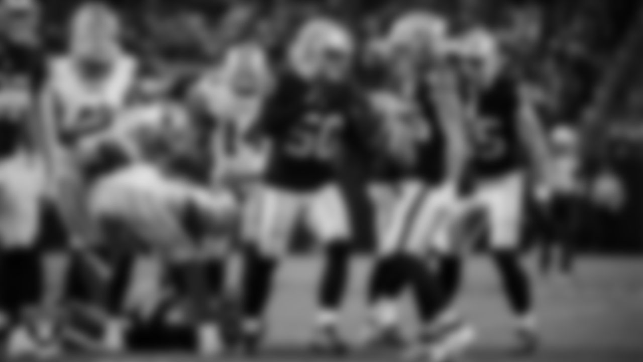 Las Vegas Raiders long snapper Jacob Bobenmoyer (50) celebrates with teammates after making a tackle during the regular season home game against the Dallas Cowboys at Allegiant Stadium.