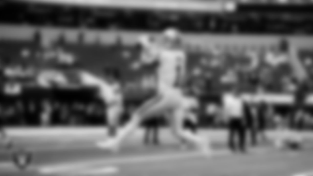 Las Vegas Raiders safety Marcus Epps (1) warming up before the regular season away game against the Los Angeles Chargers at SoFi Stadium.