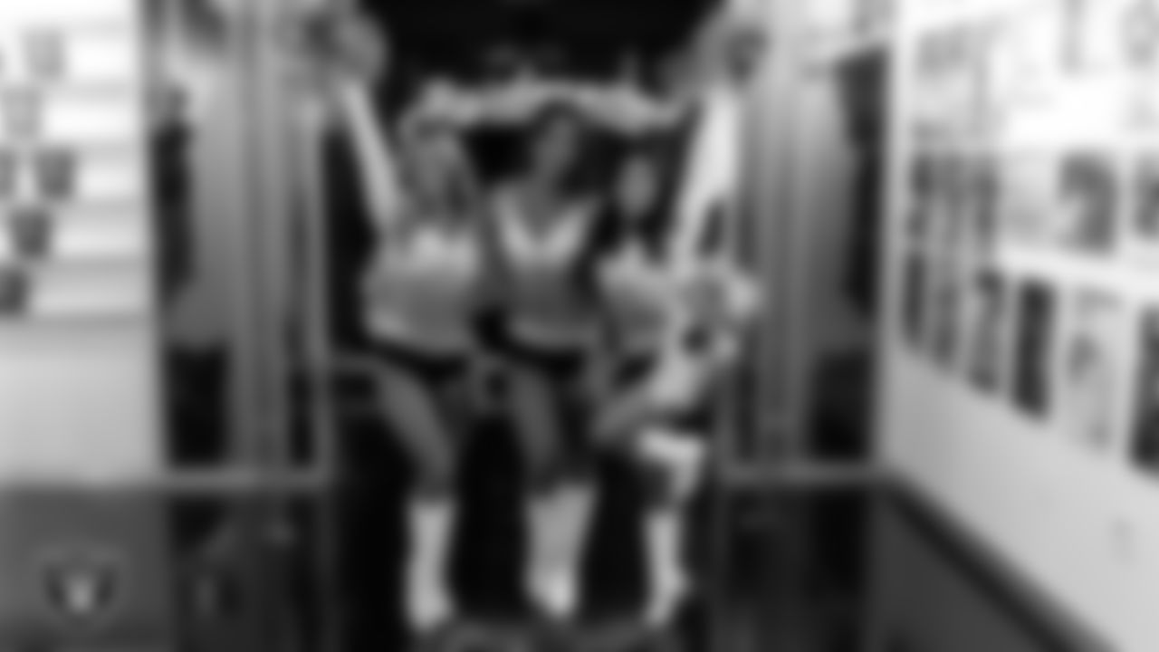 Raiderettes Ali, Reagan and Tatiana in the locker room before the regular season home game against the Jacksonville Jaguars at Allegiant Stadium.