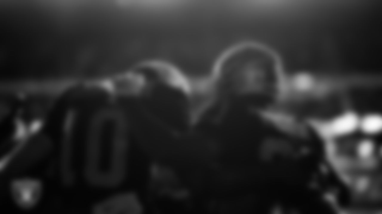 The Las Vegas Raiders returners huddle before the regular season home game against the Dallas Cowboys at Allegiant Stadium.