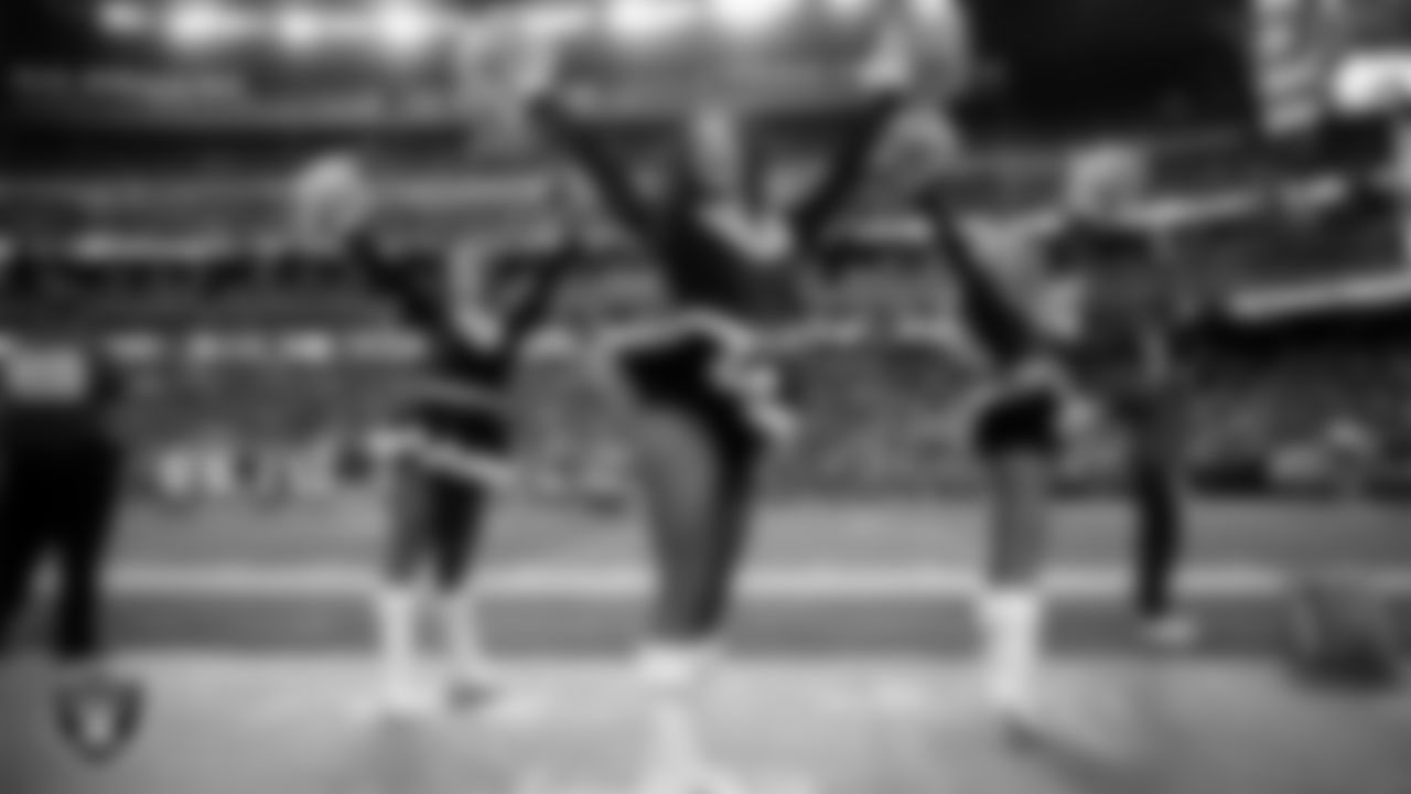 Raiderette Cheyanne performs on the sidelines during the regular season home game against the New York Giants at Allegiant Stadium.