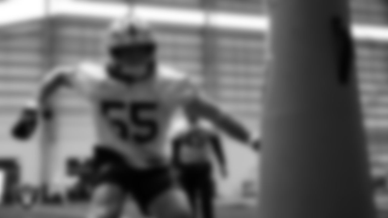 Las Vegas Raiders linebacker Cody Lindenberg (55) during practice at Intermountain Health Performance Center.