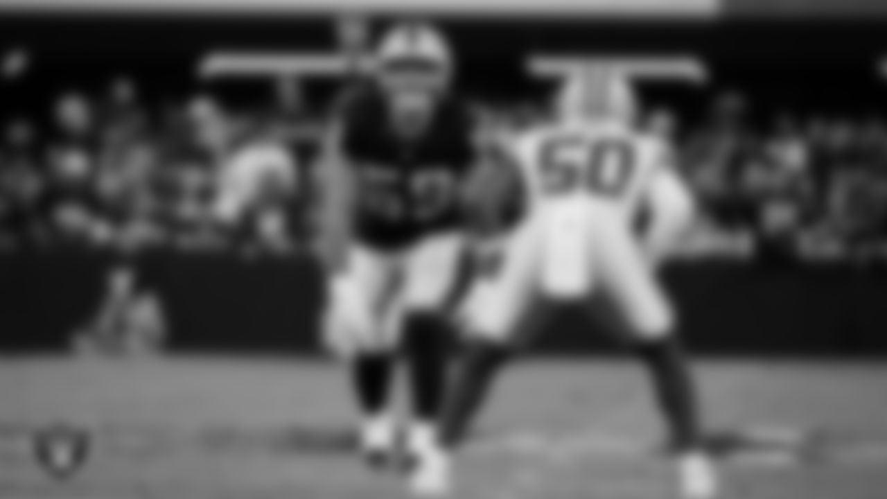Las Vegas Raiders linebacker Jon Rhattigan (59) lines up before the kickoff during the regular season home game against the Dallas Cowboys at Allegiant Stadium.