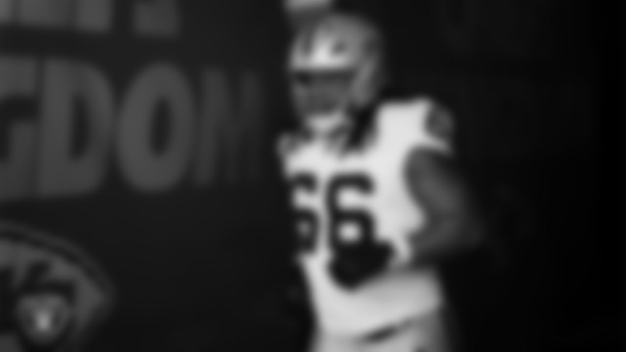 Las Vegas Raiders guard Dylan Parham (66) as the team is introduced onto the field before their regular season away game against the Kansas City Chiefs at GEHA Field at Arrowhead Stadium.