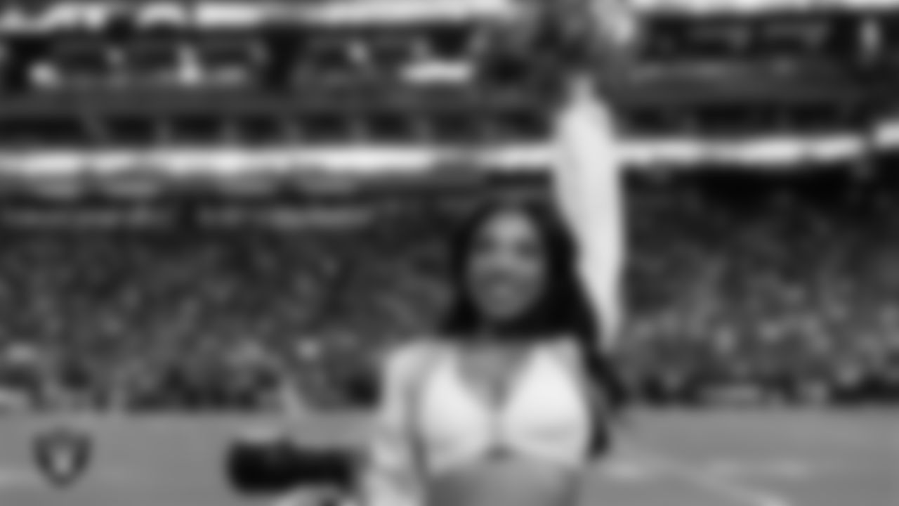 Raiderette Bria on the sidelines during the regular season home game against the Los Angeles Chargers at Allegiant Stadium.