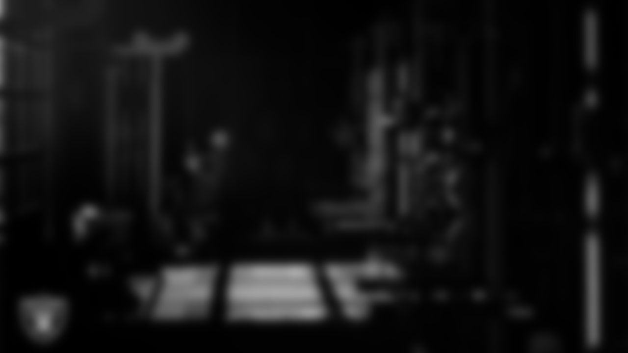 Las Vegas Raiders assistant defensive line coach Kenyon Jackson in the weight room during practice at Intermountain Health Performance Center.