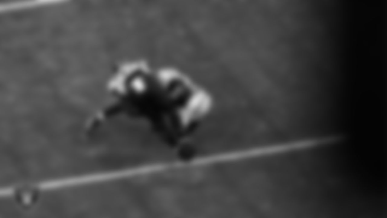 Las Vegas Raiders safety Tristin McCollum (27) makes a tackle during the regular season home game against the Jacksonville Jaguars at Allegiant Stadium.