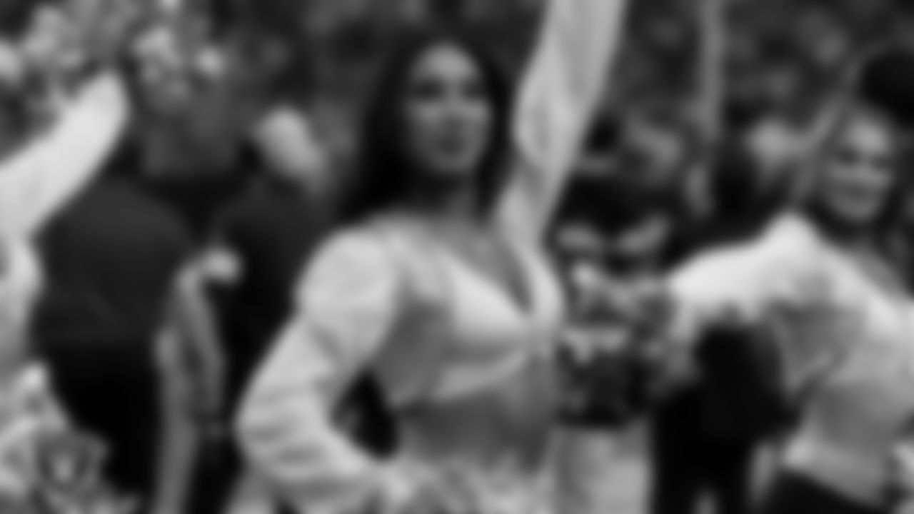 Raiderette Meekela on the sidelines during the regular season home game against the Kansas City Chiefs at Allegiant Stadium.