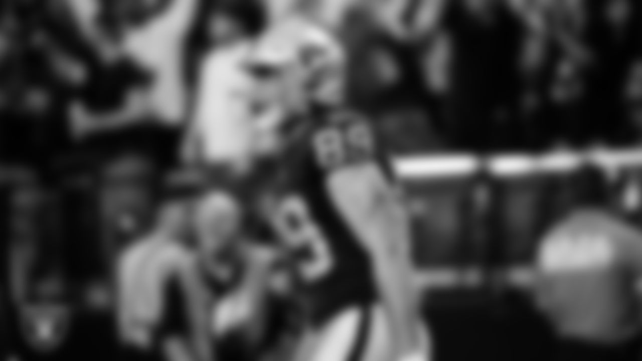 Las Vegas Raiders tight end Brock Bowers (89) celebrates after making a 27-yard touchdown catch during the regular season home game against the Jacksonville Jaguars at Allegiant Stadium.