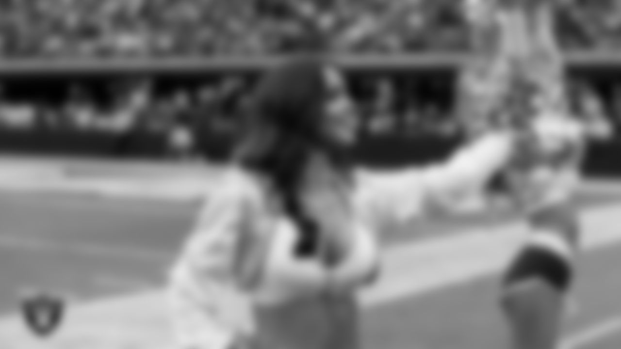 Raiderette Reagan on the sidelines during the preseason home game against the San Francisco 49ers at Allegiant Stadium.