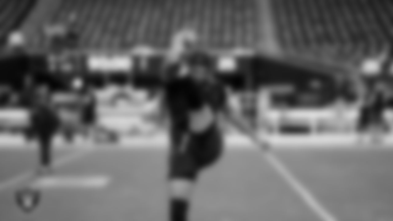 Las Vegas Raiders cornerback Woo Governor (44) warming up before the preseason home game against the San Francisco 49ers at Allegiant Stadium.