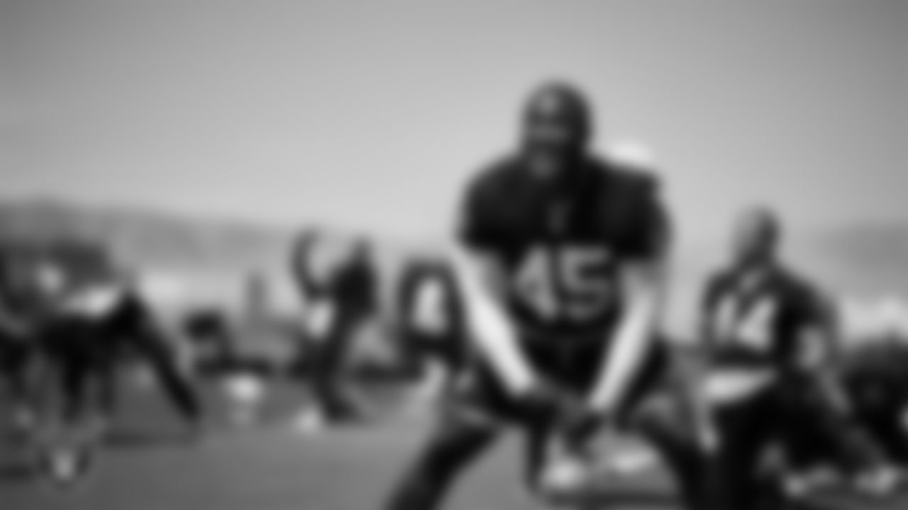 Las Vegas Raiders linebacker Devin White (45) on the field for mandatory minicamp at Intermountain Health Performance Center.