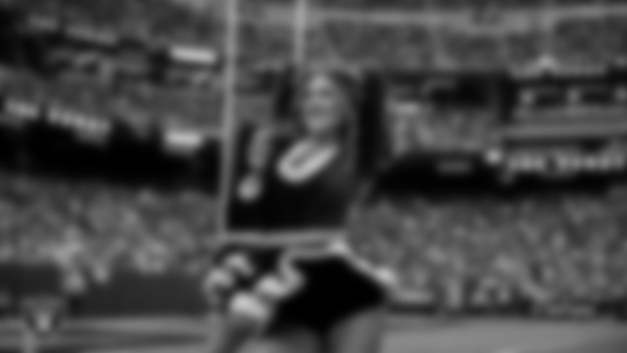Raiderette Jenna performs on the sidelines during the regular season home game against the New York Giants at Allegiant Stadium.