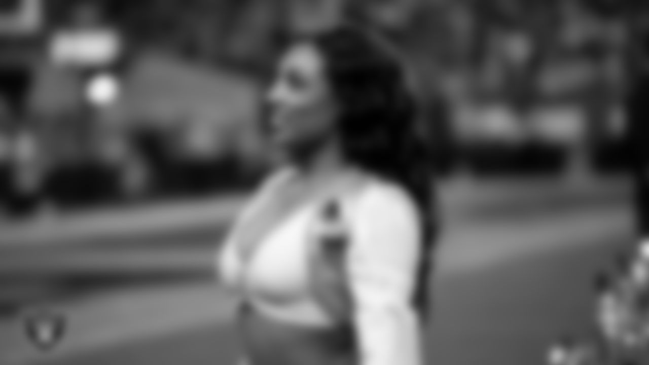 Raiderette Bria on the sidelines during the regular season home game against the Jacksonville Jaguars at Allegiant Stadium.