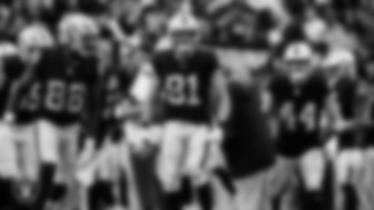 Las Vegas Raiders wide receiver Alex Bachman (81) celebrates after returning a punt during the regular season home game against the Tennessee Titans at Allegiant Stadium.