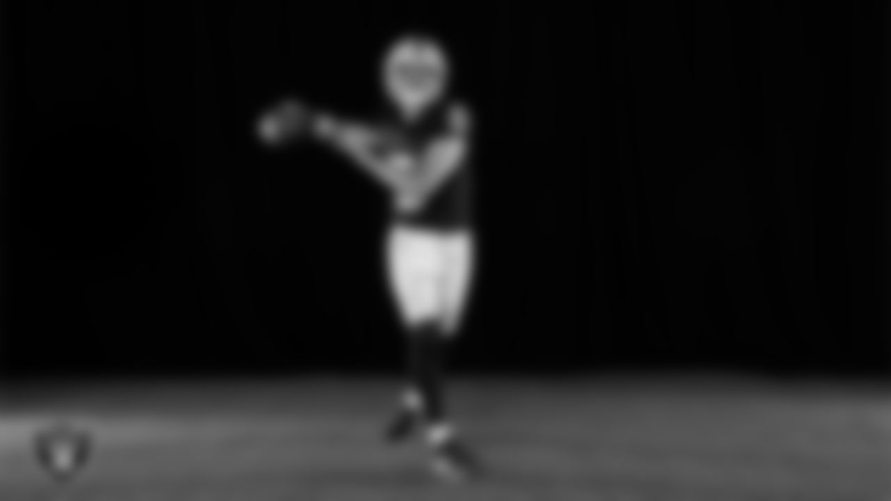 Las Vegas Raiders quarterback Cam Miller (5) poses for a photo at the 2025 Raiders Media Day.