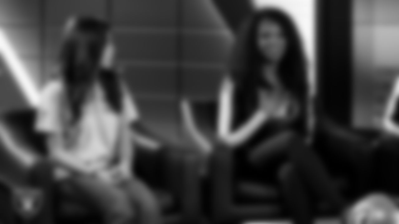 Raiderettes Shayla meets with representatives from Hope Means Nevada and designers to design custom boots for the NFL's My Cause My Cleats initiative in Cox Studios at Intermountain Health Performance Center.