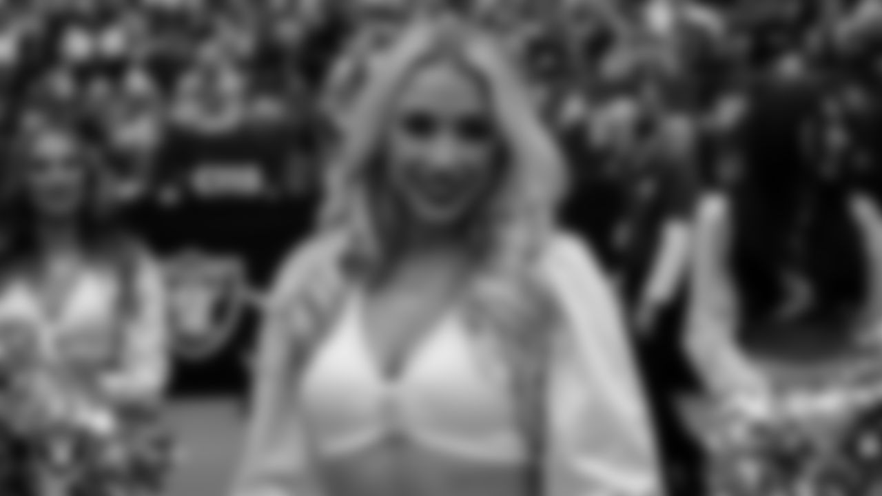 Raiderette Delaney on the sidelines during the regular season home game against the New York Giants at Allegiant Stadium.