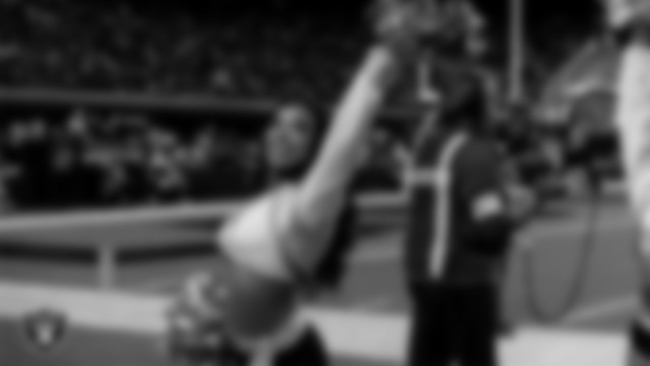 Raiderette Bria on the sidelines during the regular season home game against the Cleveland Browns at Allegiant Stadium.