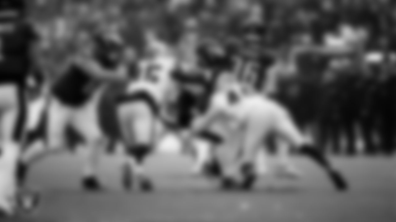 Las Vegas Raiders linebacker Devin White (45) and defensive end Charles Snowden (49) go to make a tackle during the regular season away game against the Philadelphia Eagles at Lincoln Financial Field.