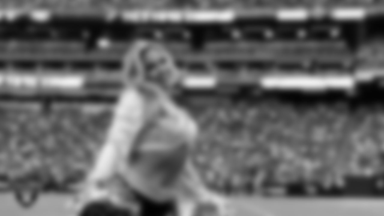 Raiderette Devyn on the sidelines during the preseason home game against the San Francisco 49ers at Allegiant Stadium.