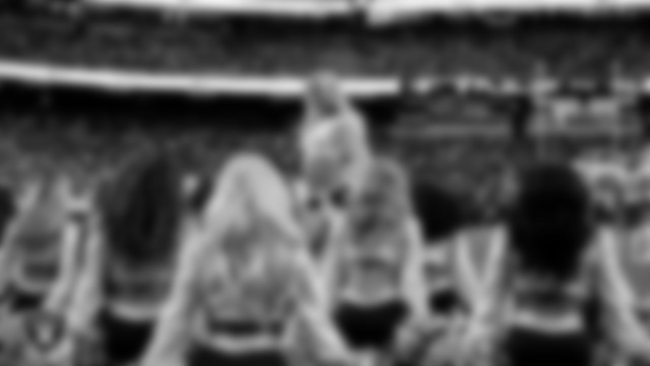 Raiderette Delaney performs on the field during the regular season home game against the Kansas City Chiefs at Allegiant Stadium.