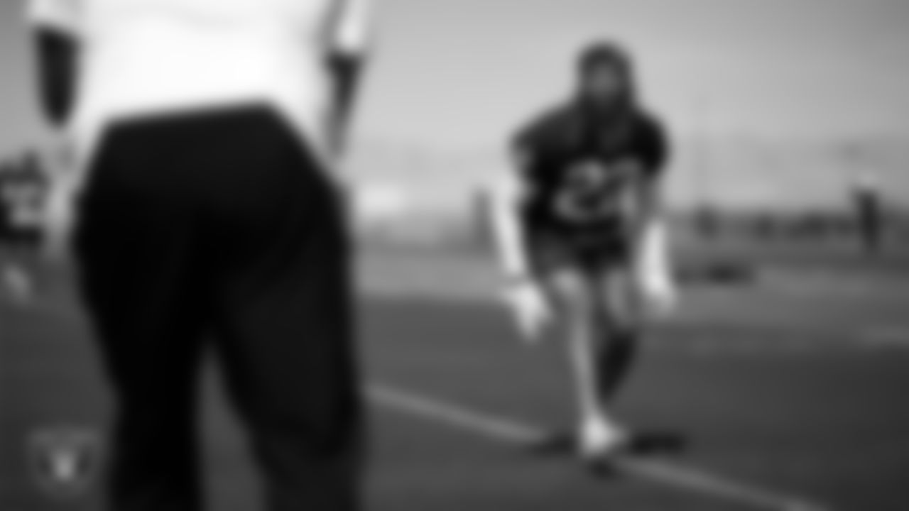 Las Vegas Raiders cornerback Eric Stokes (22) at a workout during phase two of the offseason program at Intermountain Health Performance Center.