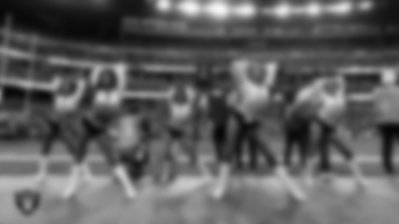 Line 2 of the Raiderettes performs on the sidelines during the regular season home game against the Denver Broncos at Allegiant Stadium.