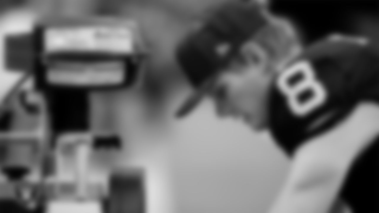 Las Vegas Raiders kicker Daniel Carlson (8) warming up before the regular season home game against the Cleveland Browns at Allegiant Stadium.