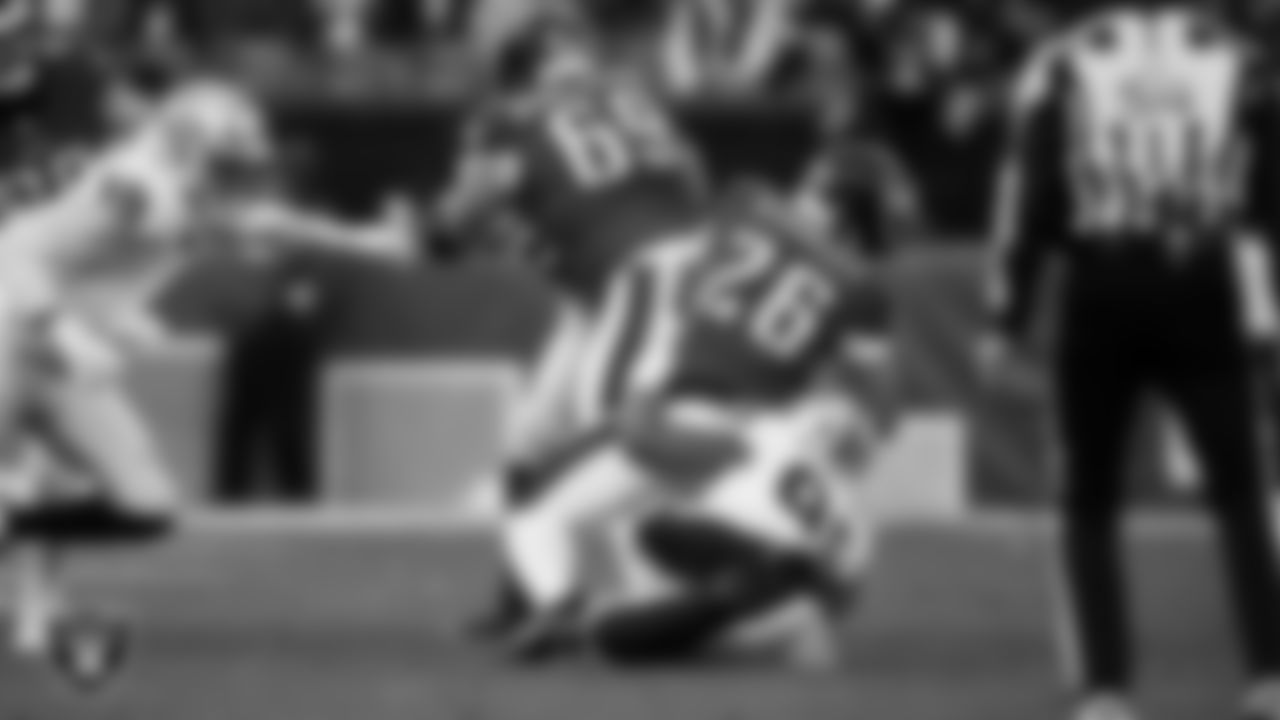 Las Vegas Raiders defensive tackle Thomas Booker IV (99) makes a tackle during the regular season away game against the Philadelphia Eagles at Lincoln Financial Field.