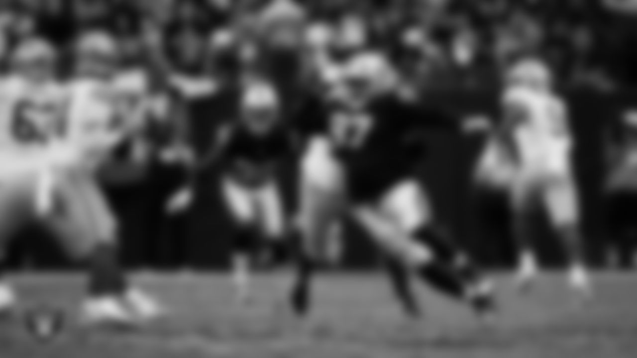 Las Vegas Raiders defensive tackle Tonka Hemingway (97) pressures the quarterback during the preseason home game against the San Francisco 49ers at Allegiant Stadium.
