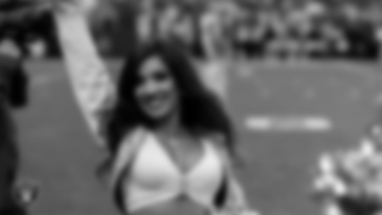 Raiderette Tatiana on the sidelines during the regular season home game against the Kansas City Chiefs at Allegiant Stadium.