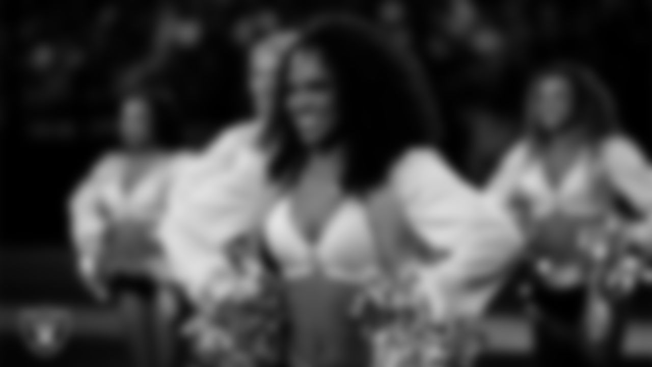 Raiderette Shayla waits to take the field for a performance during the regular season home game against the Cleveland Browns at Allegiant Stadium.
