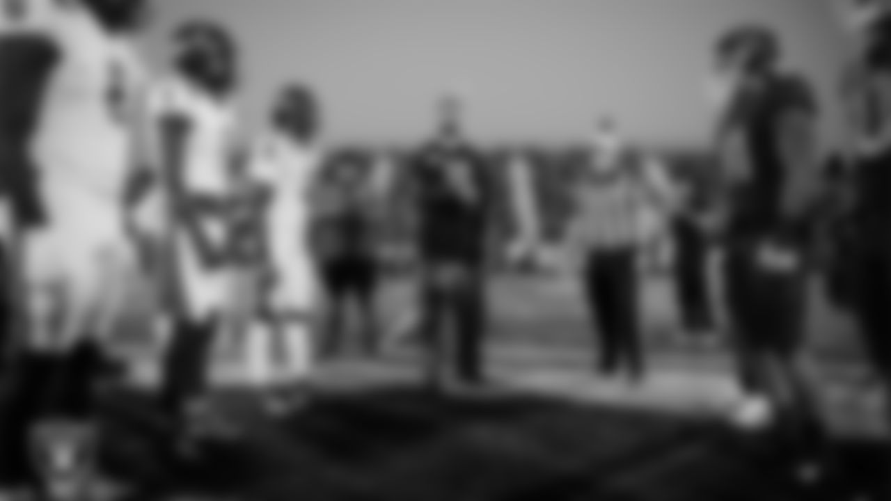 Las Vegas Raiders safety Jeremy Chinn (11) during the coin toss before the Raiders' Football Showcase game at Bishop Gorman High School.