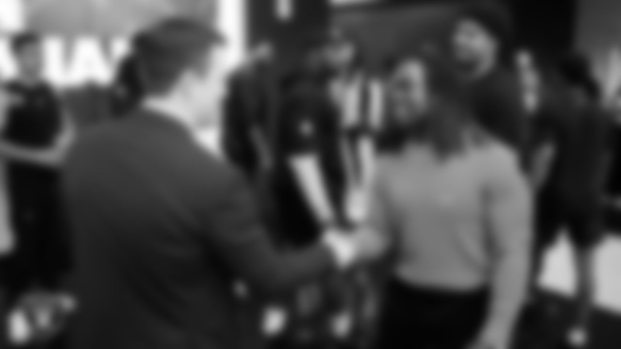 Las Vegas Raiders running back Ashton Jeanty (2) welcomes Raiders Head Coach Klint Kubiak to Intermountain Health Performance Center.