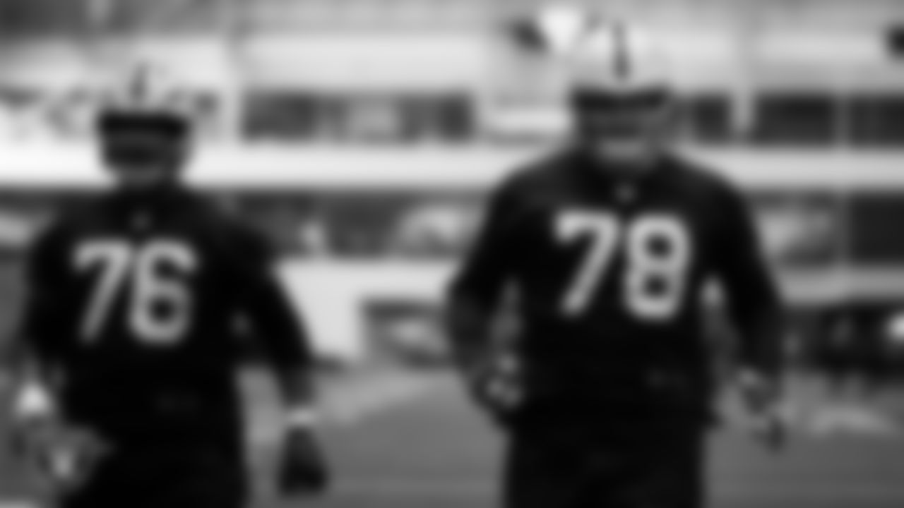 Las Vegas Raiders guard Caleb Rogers (76) and tackle Dalton Wagner (78) during practice at Intermountain Health Performance Center.