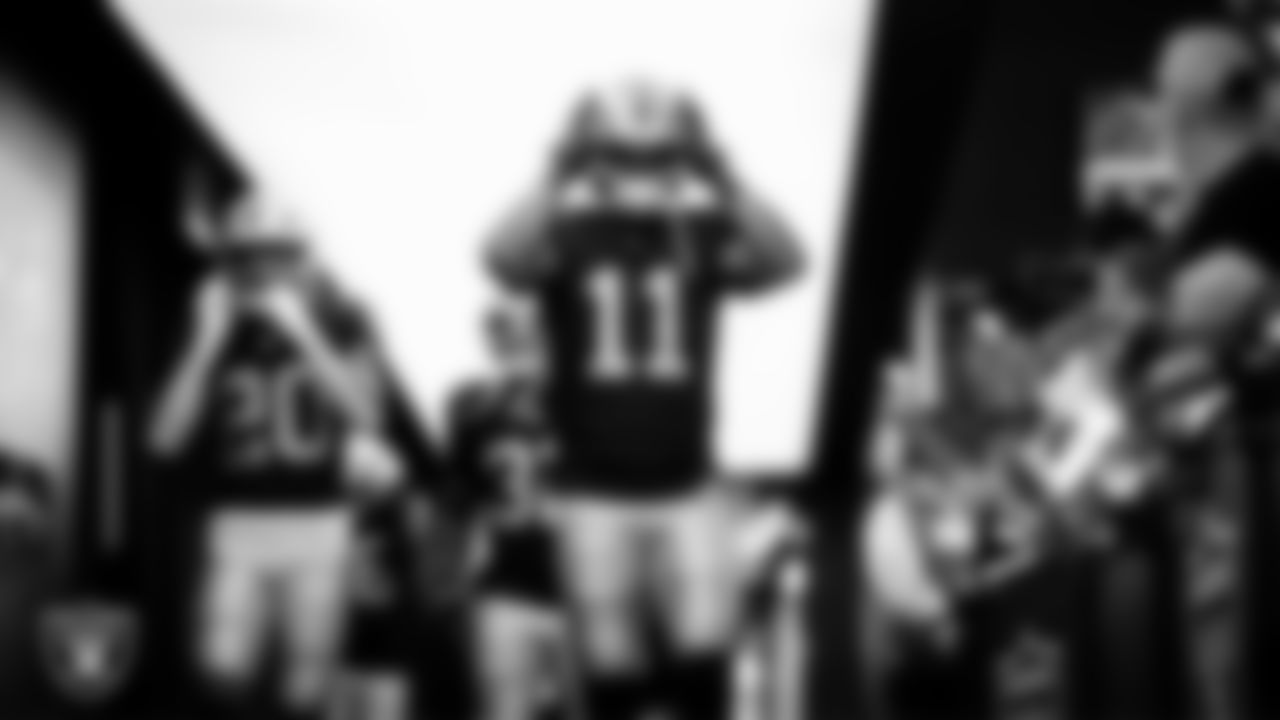 Las Vegas Raiders safety Jeremy Chinn (11) walks down the tunnel before the regular season home game against the Dallas Cowboys at Allegiant Stadium.