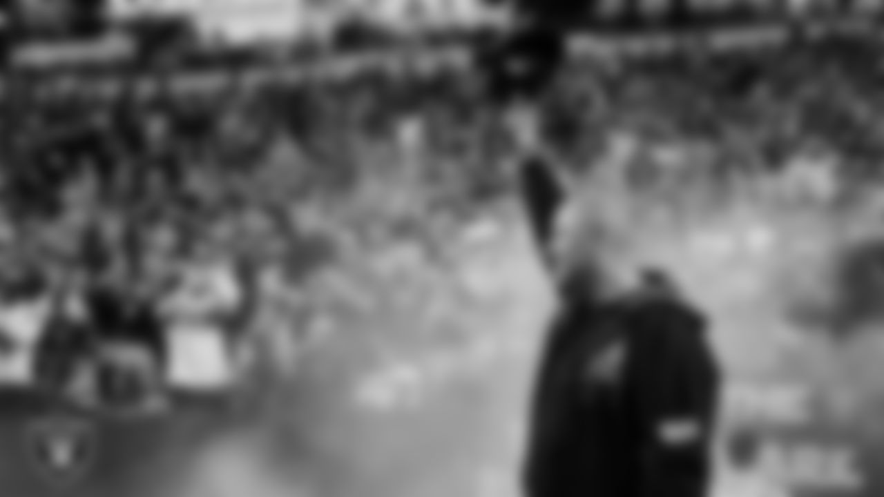 United States Marine Corps Veteran Raymond Warren III is honored during a Salute to Service moment during the regular season home game against the Dallas Cowboys at Allegiant Stadium.