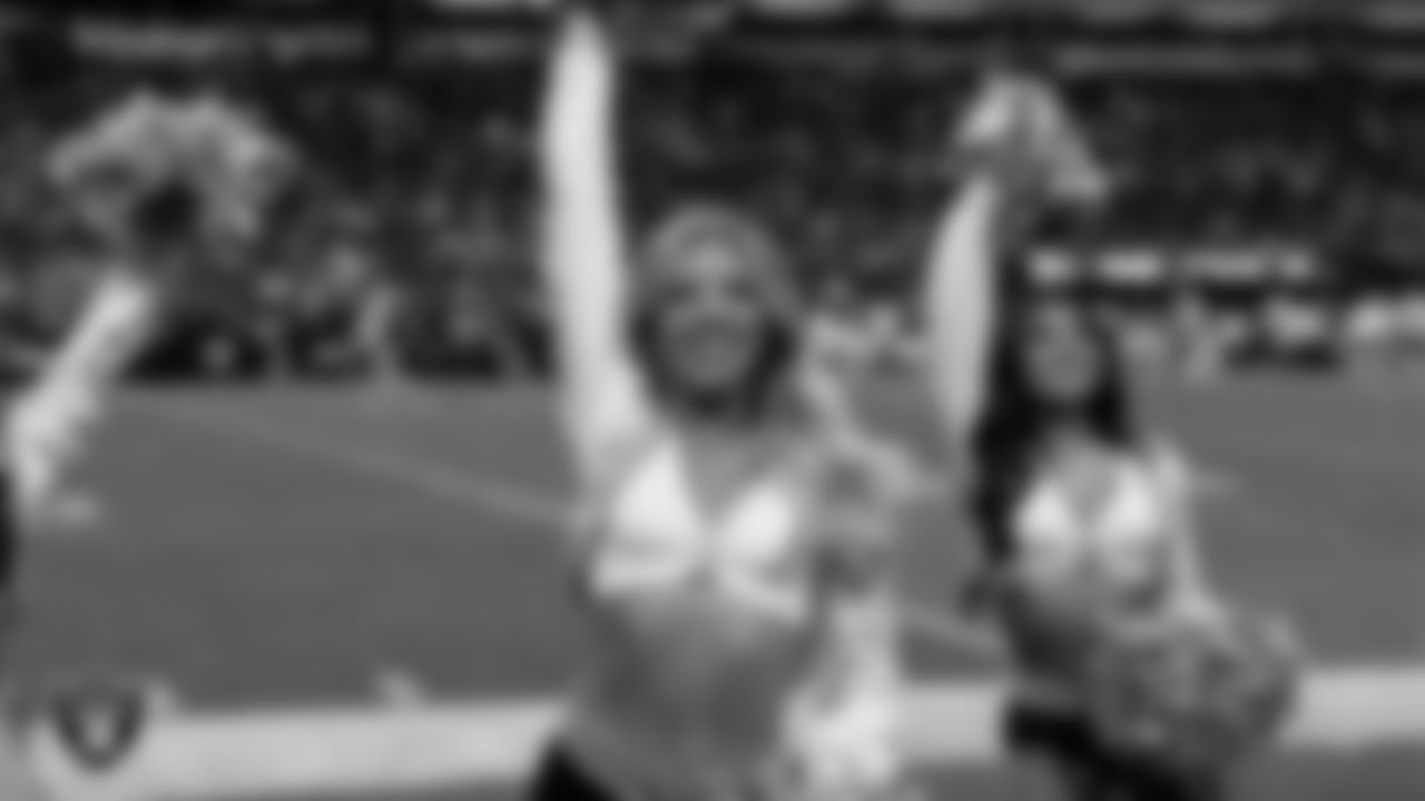 Raiderette Jordie on the sidelines during the regular season home game against the Kansas City Chiefs at Allegiant Stadium.