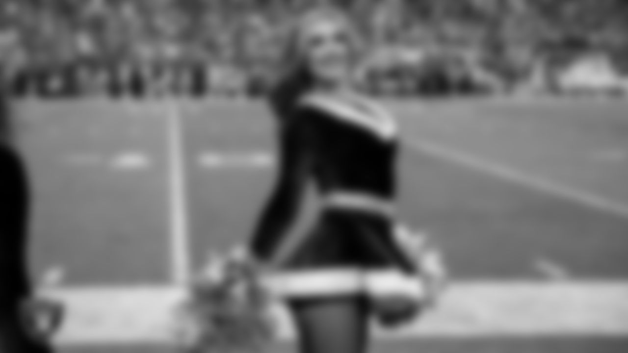 Raiderette Shelby on the sidelines during the regular season home game against the New York Giants at Allegiant Stadium.