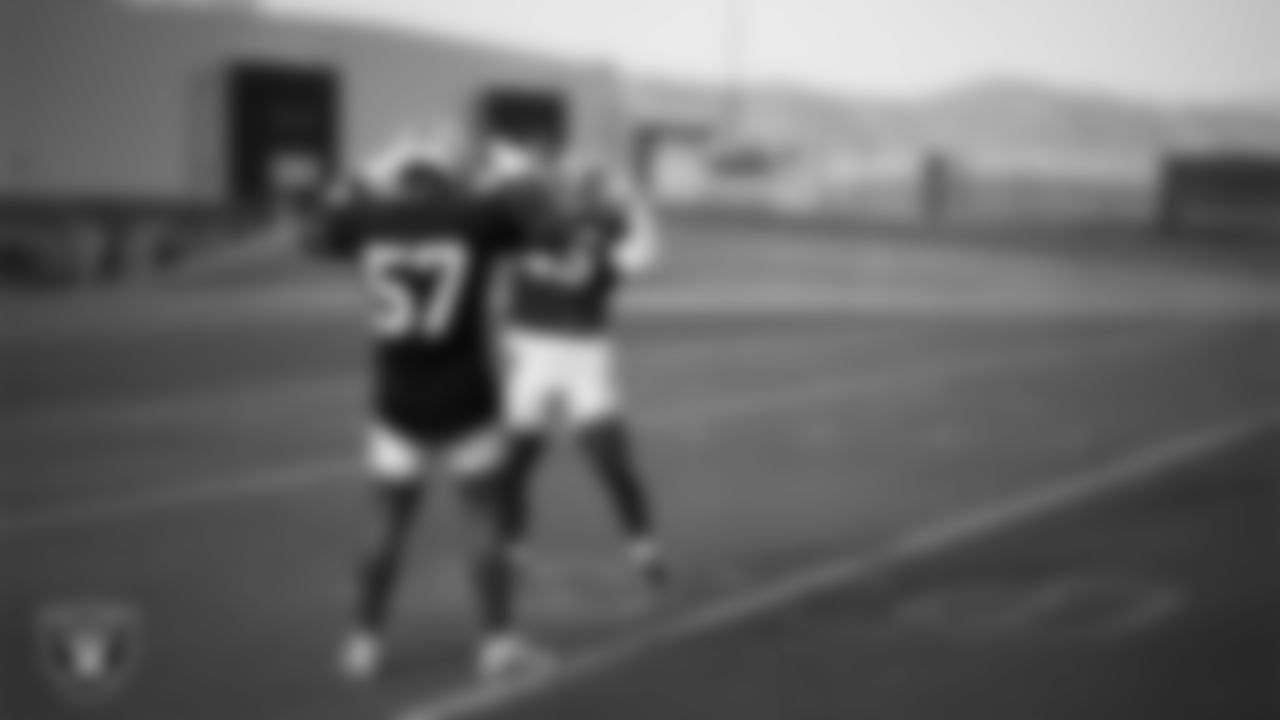 Las Vegas Raiders linebacker Germaine Pratt (57) and linebacker Devin White (45) during practice at Intermountain Health Performance Center.